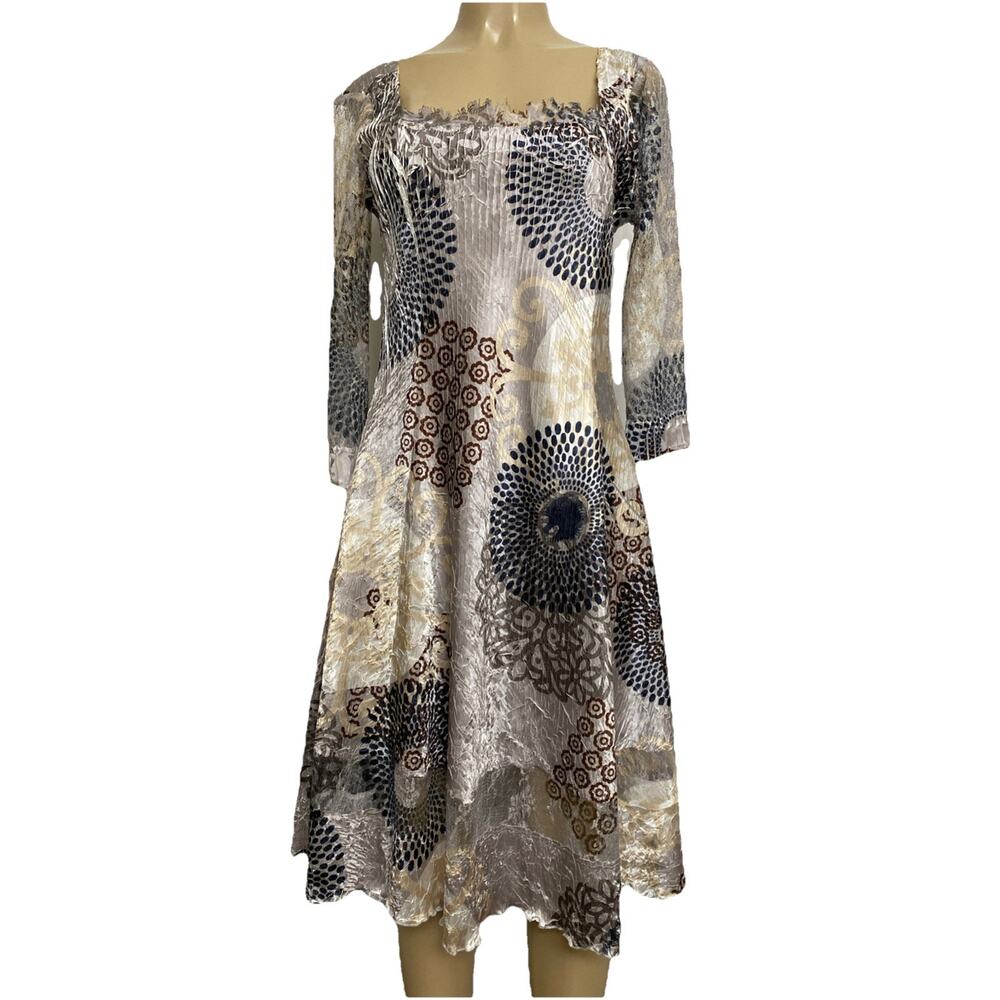 Komarov Dress Floral Square Neck 3/4 sleeve Lace Fit Flare Satin Gray Knee L